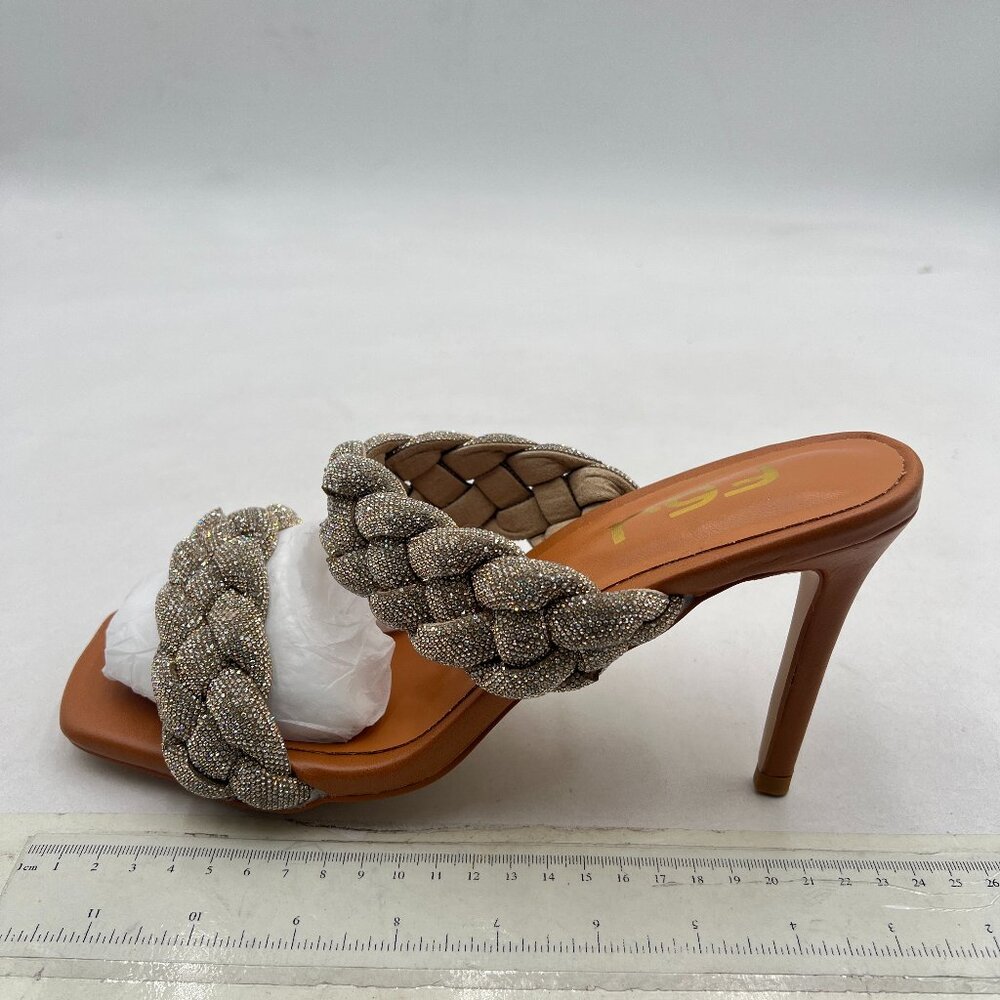 FSJ Nude Square Open Toe Stiletto Heels Rhinestones Sandals Mules Two Strap Shoe